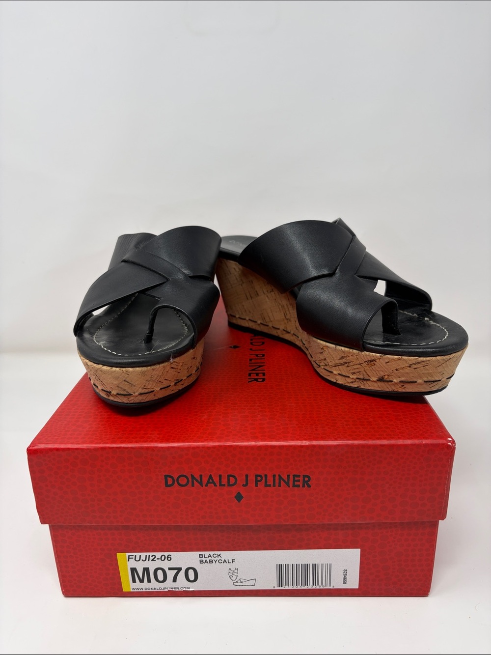 Donald J. Pliner Black Leather Cork Wedge Slide Sandals Size 7
